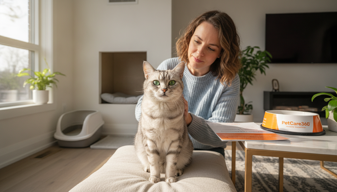 Domestic shorthair cat with green eyes and caring sitter in a cozy Toronto home with PetCare360 guide visible.