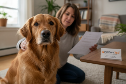 3-year-old golden retriever and caring woman in cozy Toronto home with PetCare360 branding.