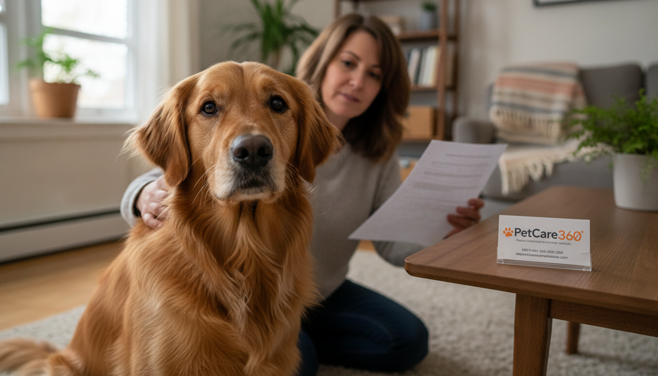 3-year-old golden retriever and caring woman in cozy Toronto home with PetCare360 branding.
