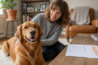3-year-old golden retriever and caring woman in a Toronto home with PetCare360 branding document visible.