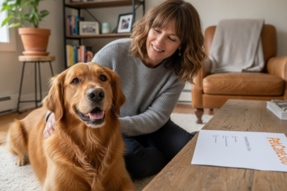 3-year-old golden retriever and caring woman in a Toronto home with PetCare360 branding document visible.