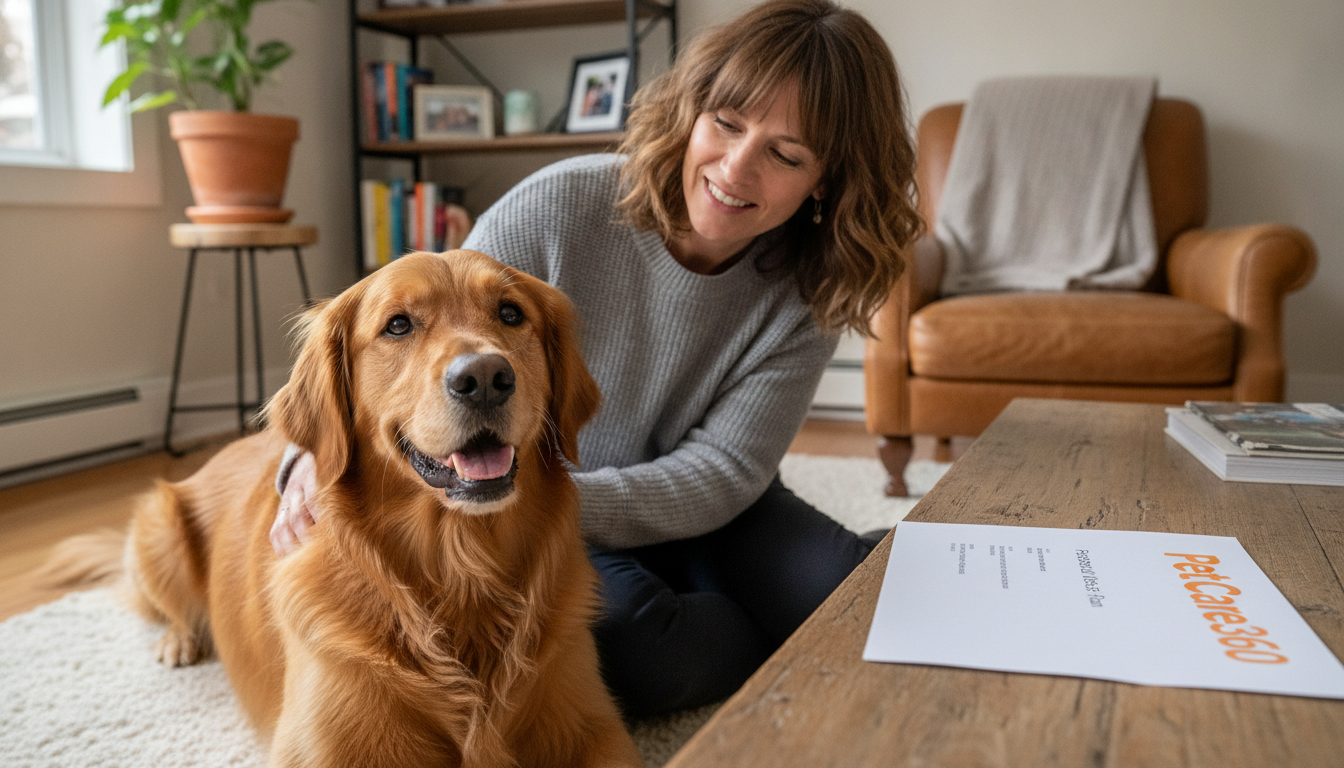 3-year-old golden retriever and caring woman in a Toronto home with PetCare360 branding document visible.